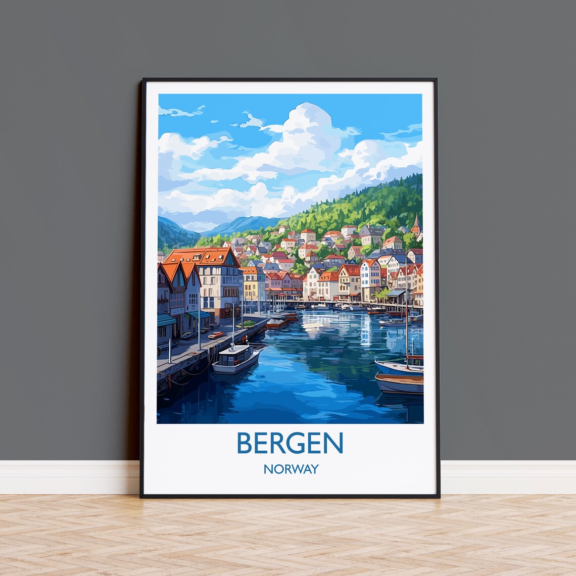 Bergen Norway Colorful Wharf Harbor Boats Fjord City Travel Poster