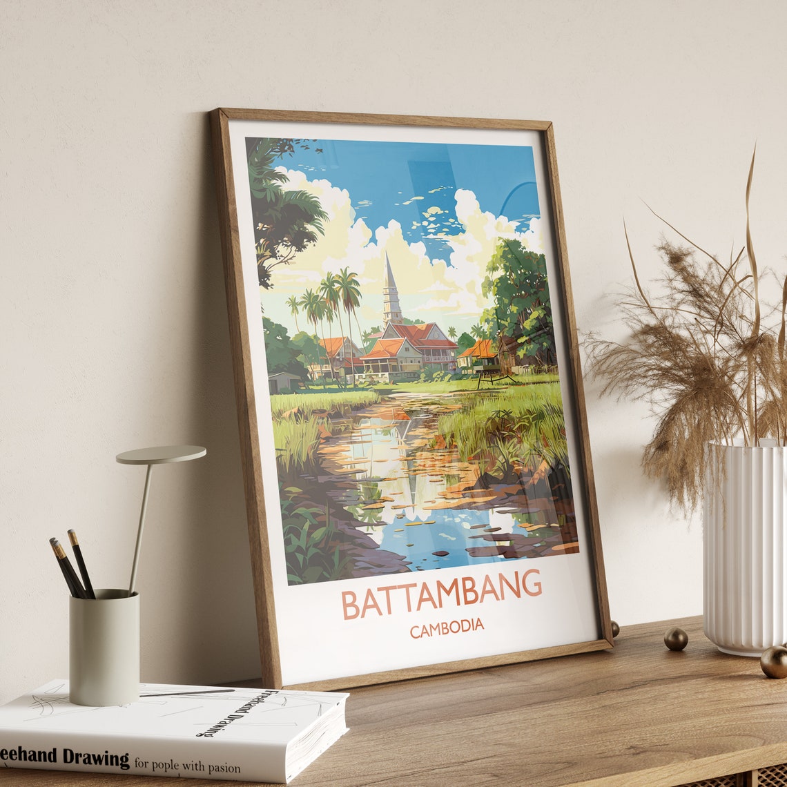 Battambang Cambodia Pagoda Rice Fields Canal Reflection Poster - Image 3