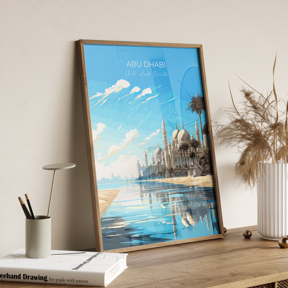 Abu Dhabi White Mosque Domes Palms Water Reflection Travel Poster - Image 2