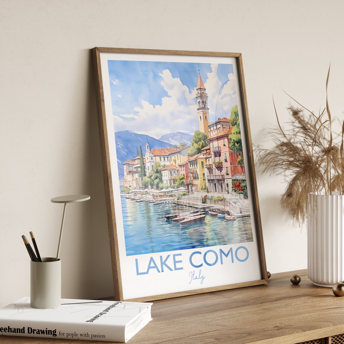Lake Como Italy Bell Tower Waterfront Boats Watercolor Poster - Image 4