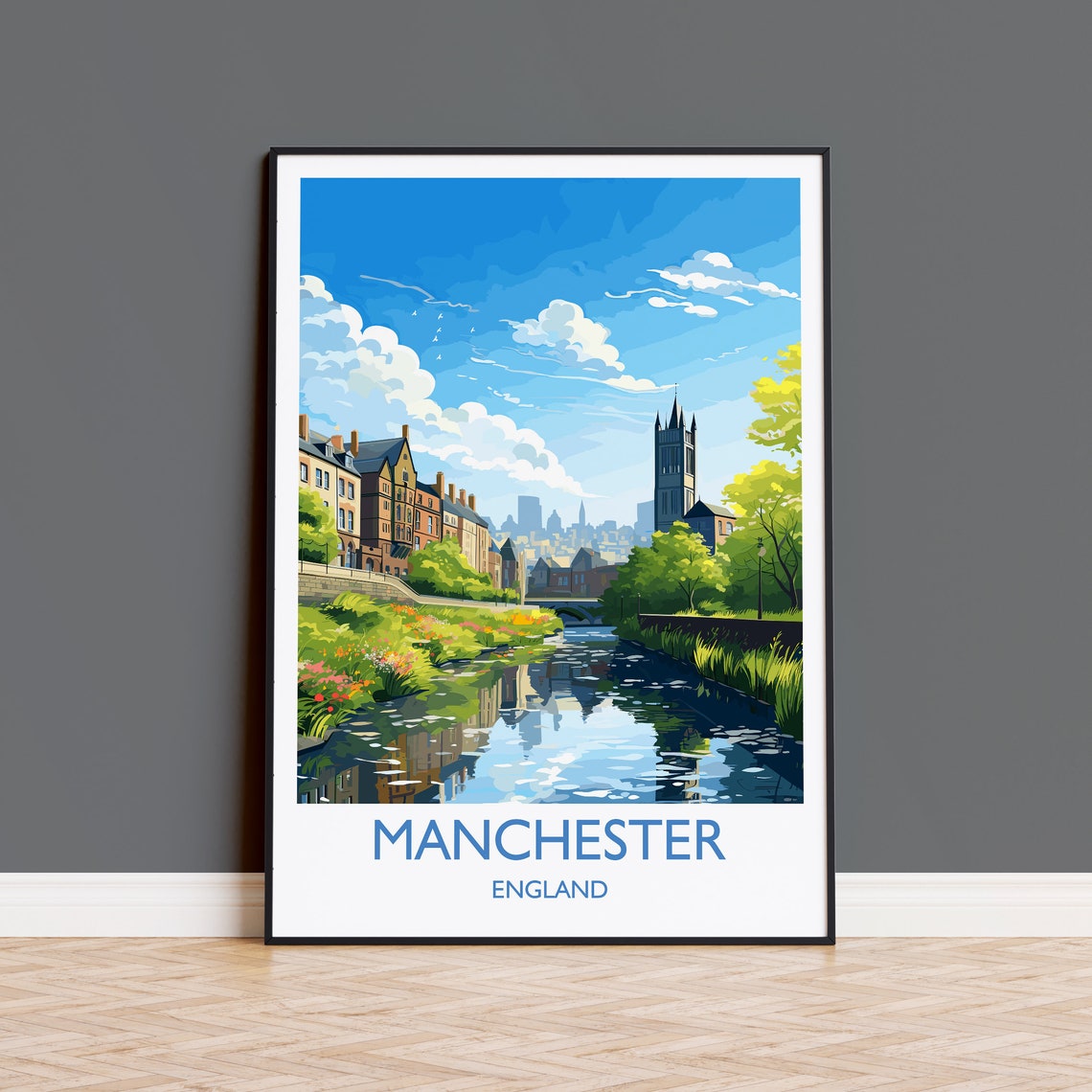 Manchester England Canal Waterside Skyline Landmark Art Poster