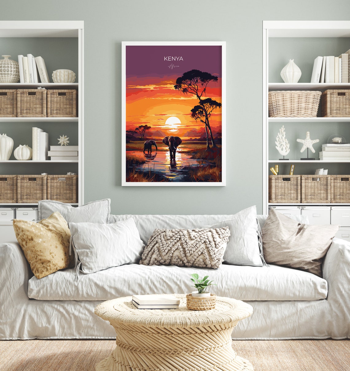 Kenya Sunset Elephants Waterhole Safari Travel Poster Wall Decor - Image 4