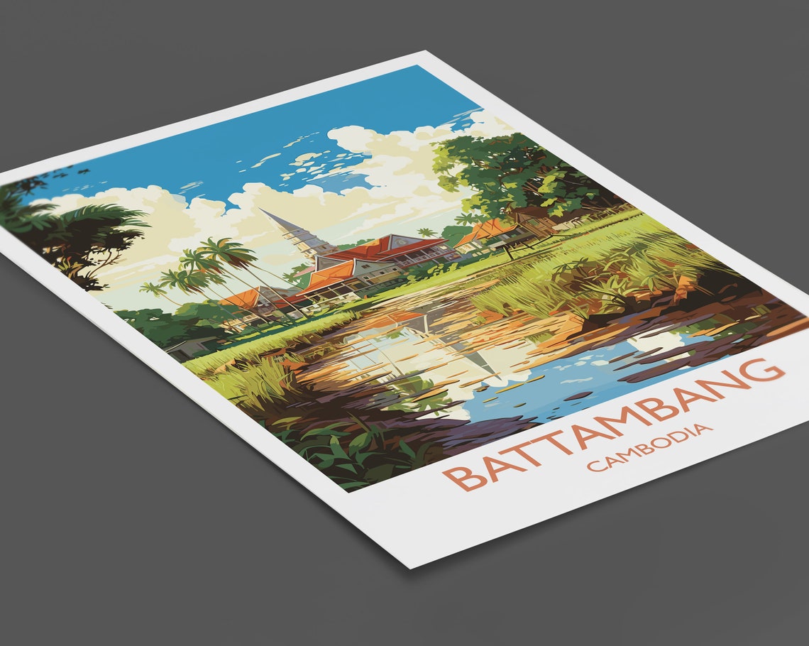 Battambang Cambodia Pagoda Rice Fields Canal Reflection Poster - Image 2