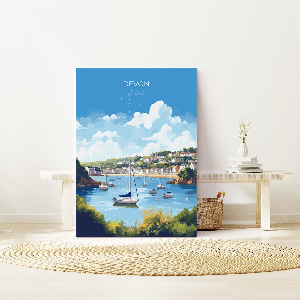 Devon England Sailboat Harbor Hillside Seaside Town Travel Poster - Image 2