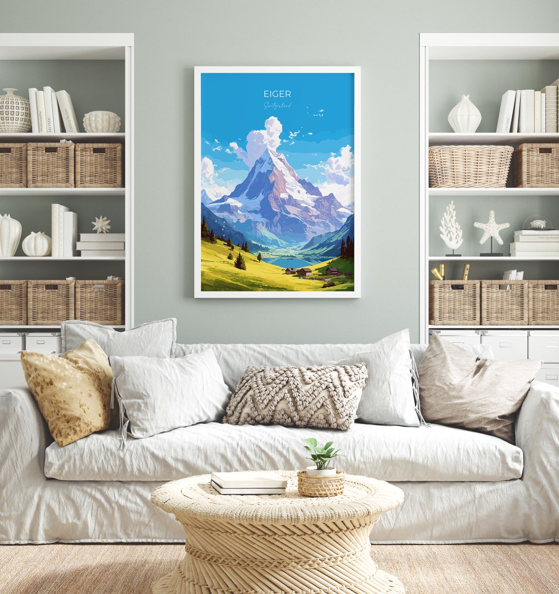 Eiger Switzerland Snow Capped Alpine Peak Meadow View Poster - Image 4