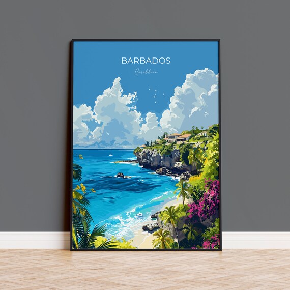 Barbados Caribbean Cliffside Villas Turquoise Sea Beach Travel Poster