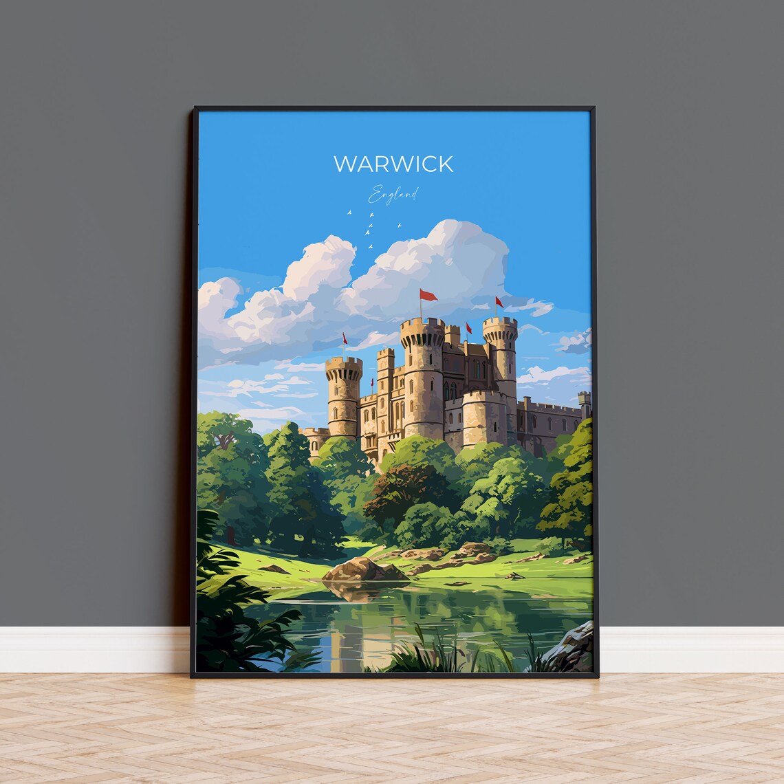 Warwick England Castle Towers Riverside Green Trees Travel Poster
