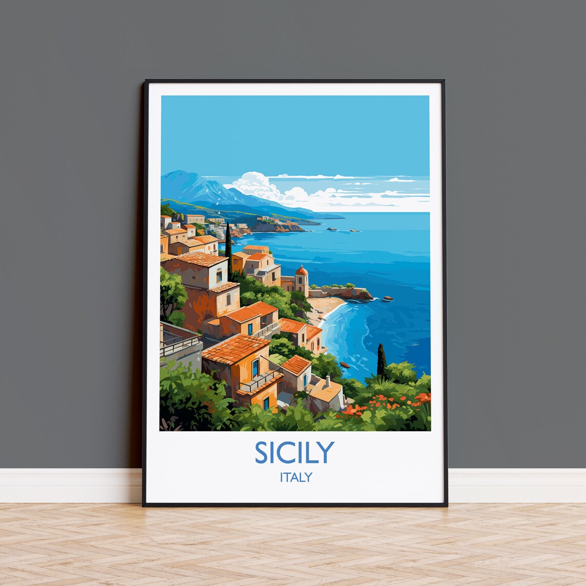 Sicily Italy Coastal Village Sea Mediterranean Travel Poster
