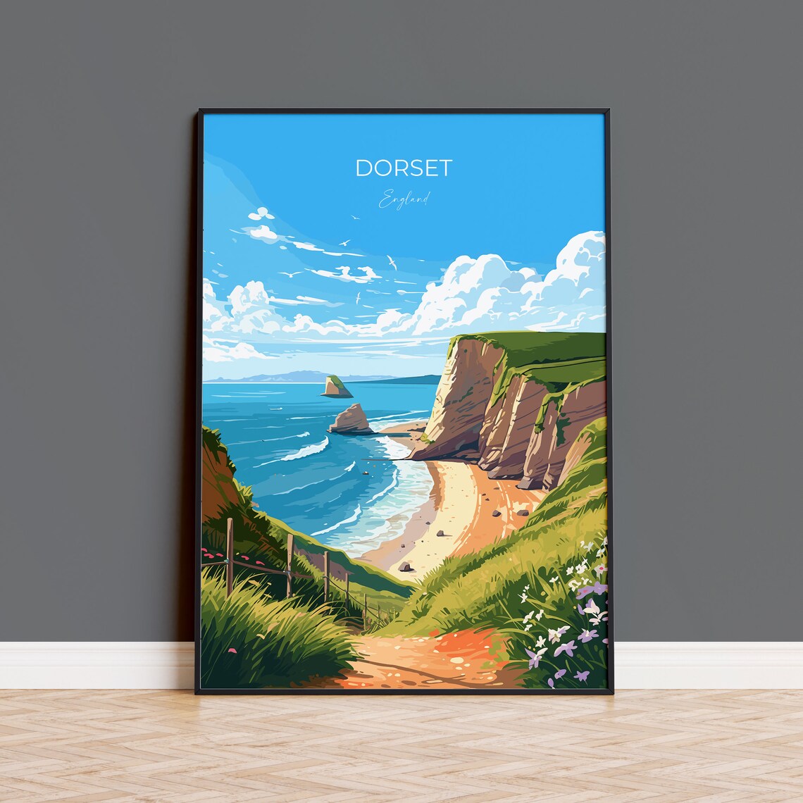 Dorset England Scenic Sea Cliffs And Golden Beach Travel Poster