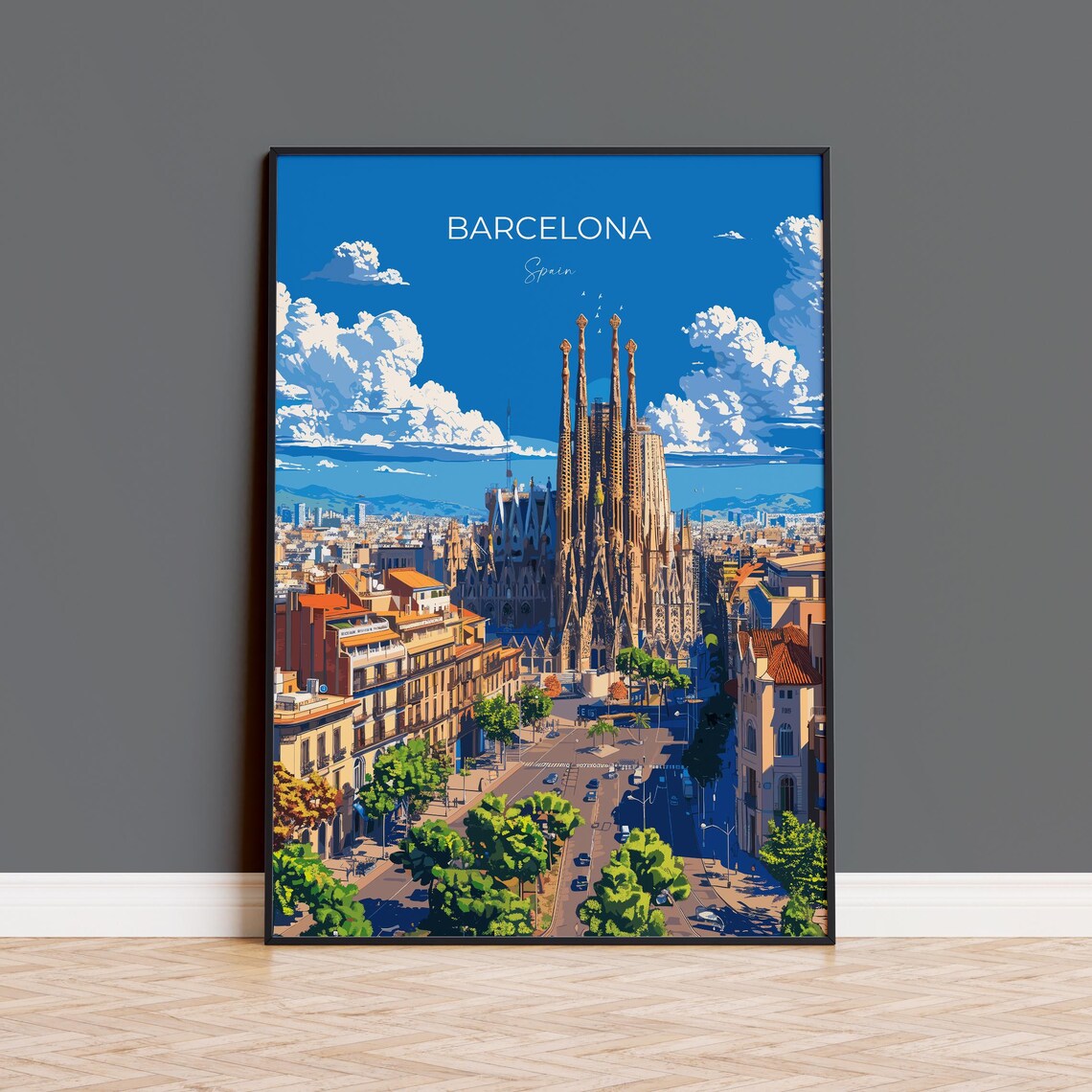 Barcelona Sagrada Familia Gaudi Basilica Skyline Daytime Travel Poster