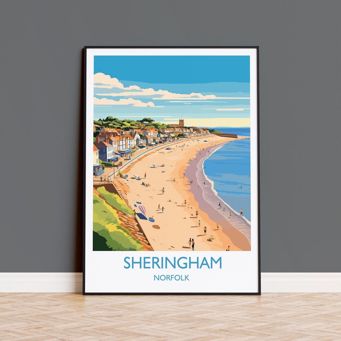 Sheringham Norfolk Curved Beach Aerial Town Travel Poster Seaside Gift
