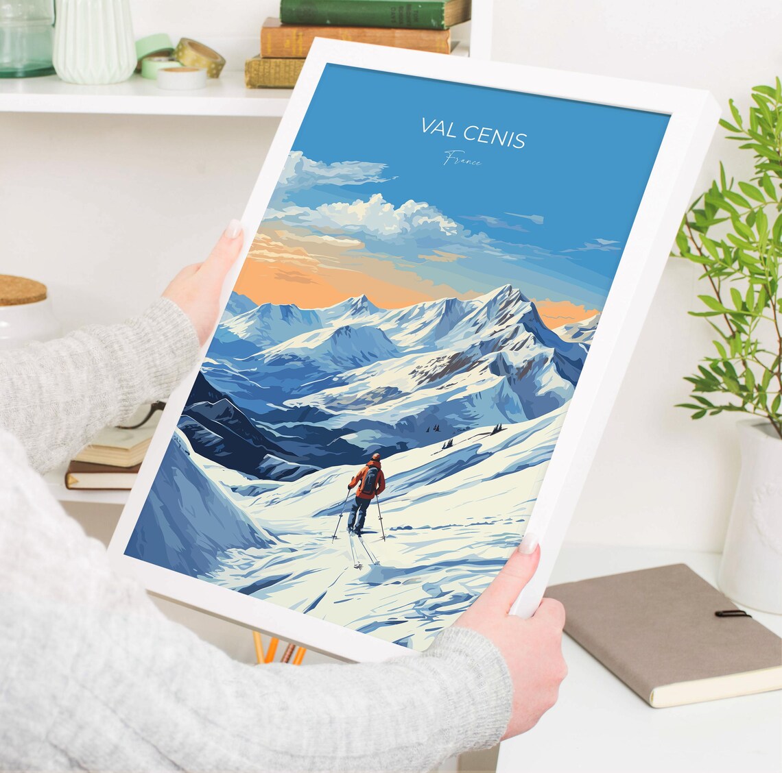 Val Cenis France Golden Hour Skier Mountain Modern Travel Poster - Image 3