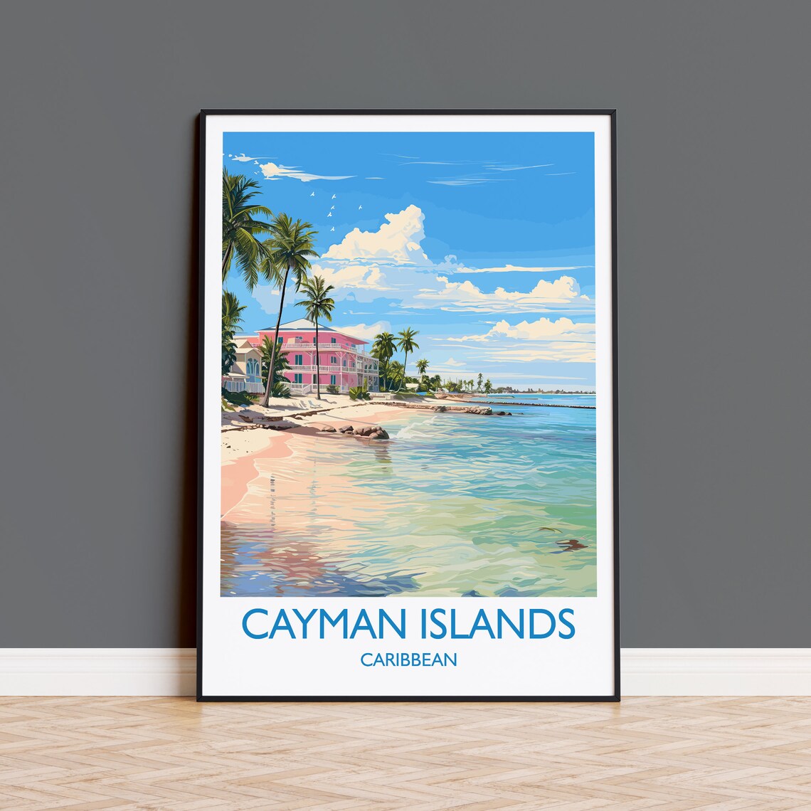 Cayman Islands Caribbean Beach Pink Hotel Vintage Travel Poster