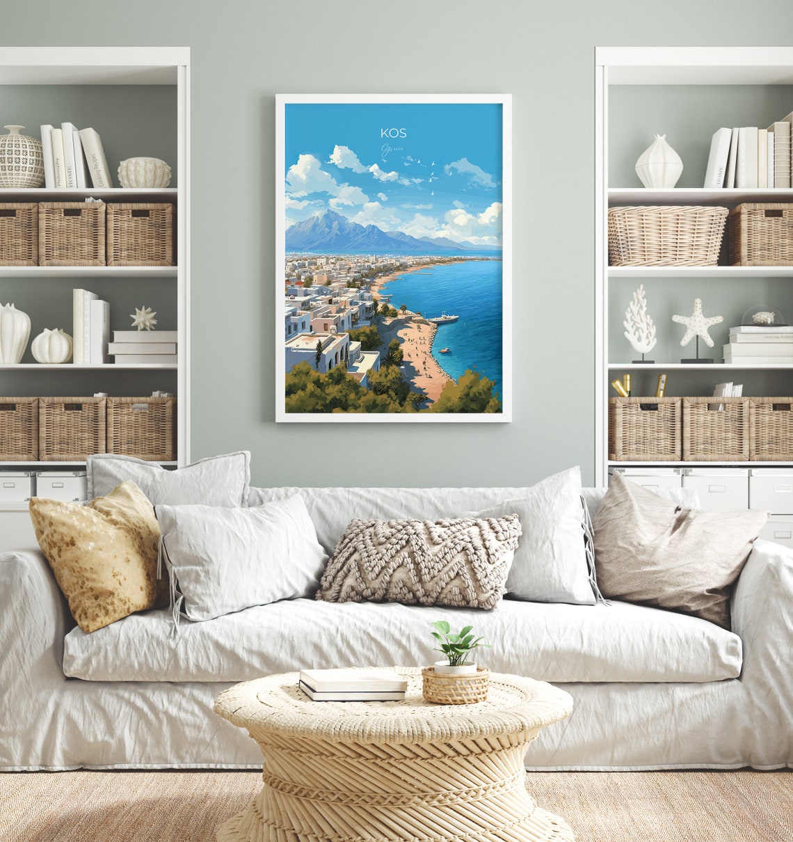 Kos Greece Whitewashed Town Beach Mountain View Travel Poster - Image 4