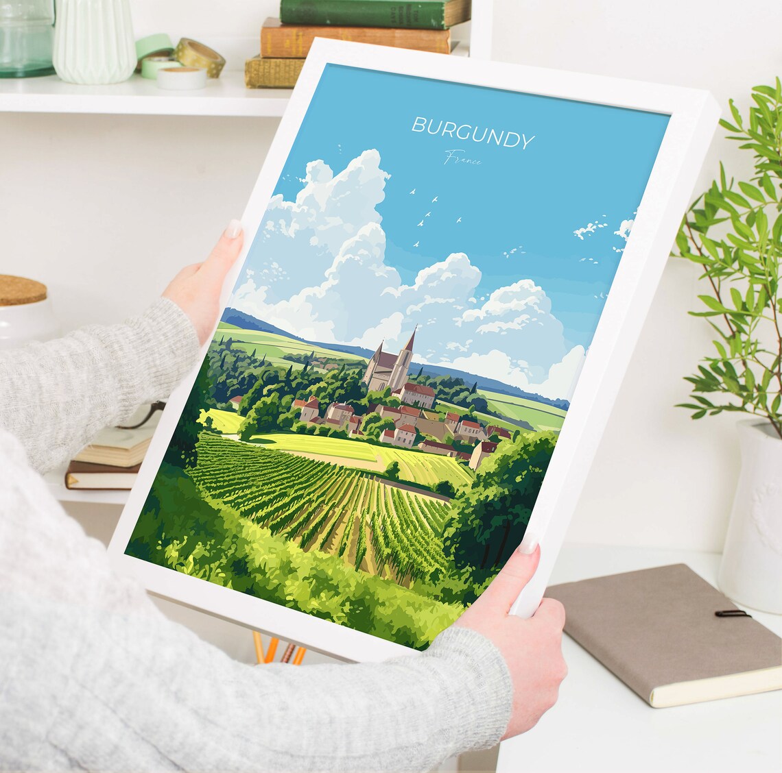Burgundy France Rolling Vineyards Village Church Travel Poster - Image 5