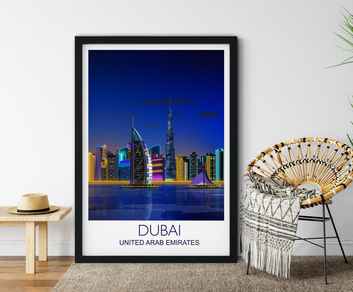 Dubai United Arab Emirates Night Skyline Travel Poster City Lights