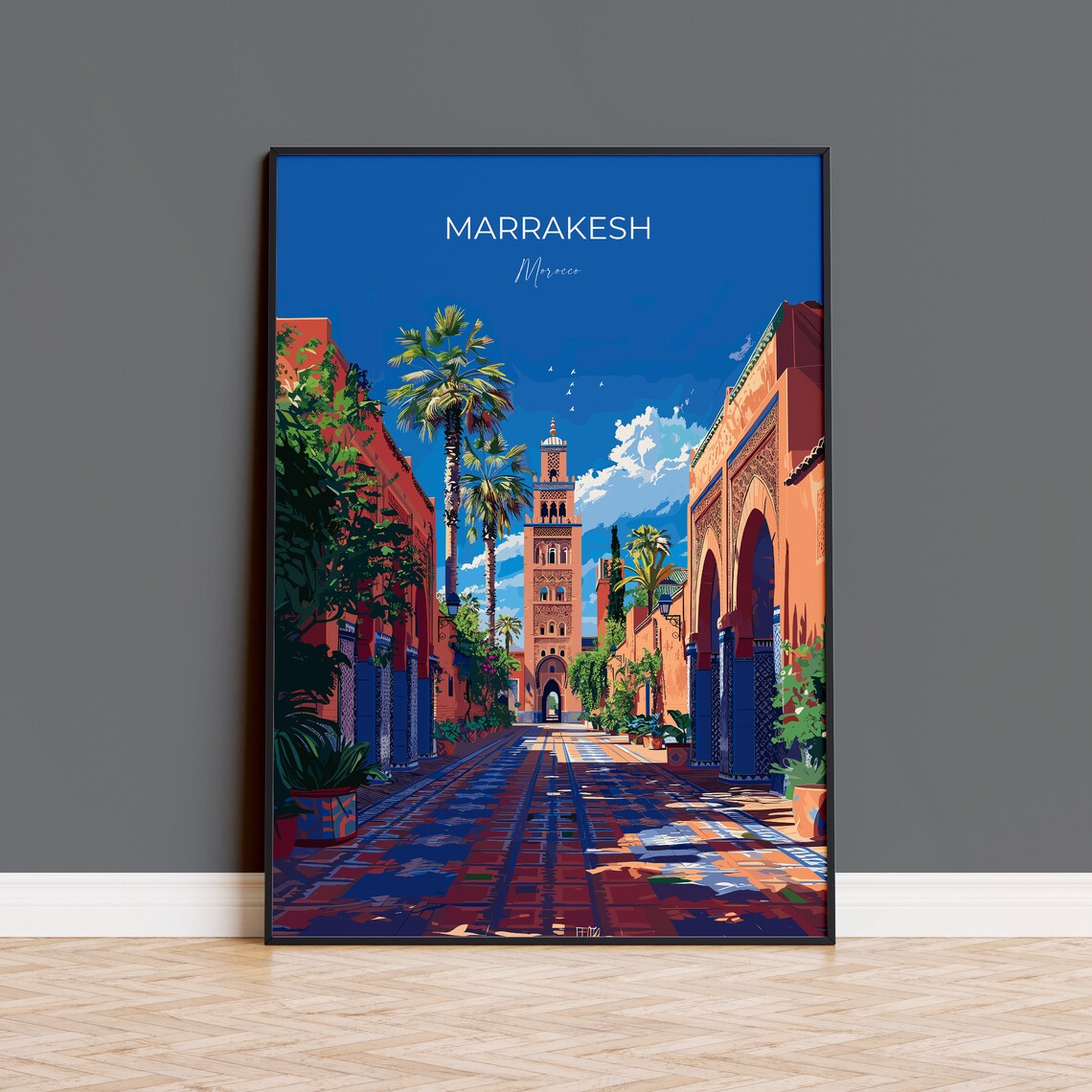 Marrakesh Morocco Tiled Alleyway Minaret Blue Accents Travel Poster