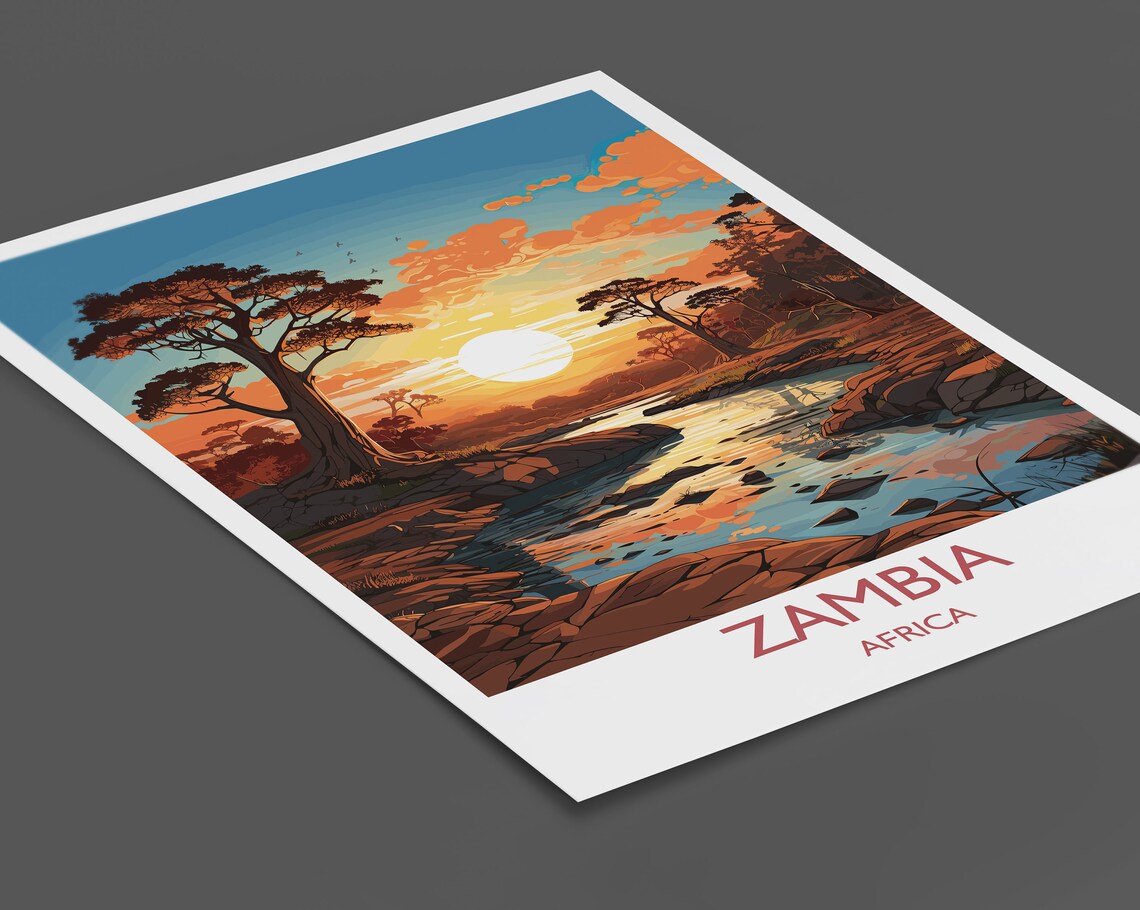 Zambia Africa Sunset River Safari Wildlife Travel Art Poster - Image 2