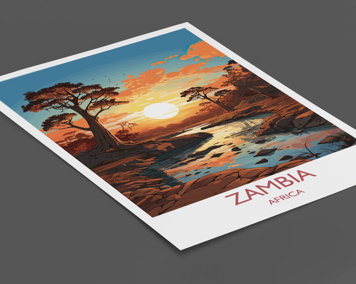 Zambia Travel Poster Wall Art Travel Poster Of Zambia Sunset Zambia Gift Zambia Travel Art Africa Art Lovers Gift - Image 2