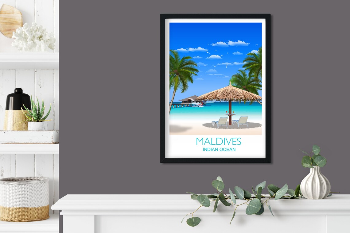 Maldives Indian Ocean Beach Travel Poster Palm Umbrella Paradise - Image 3
