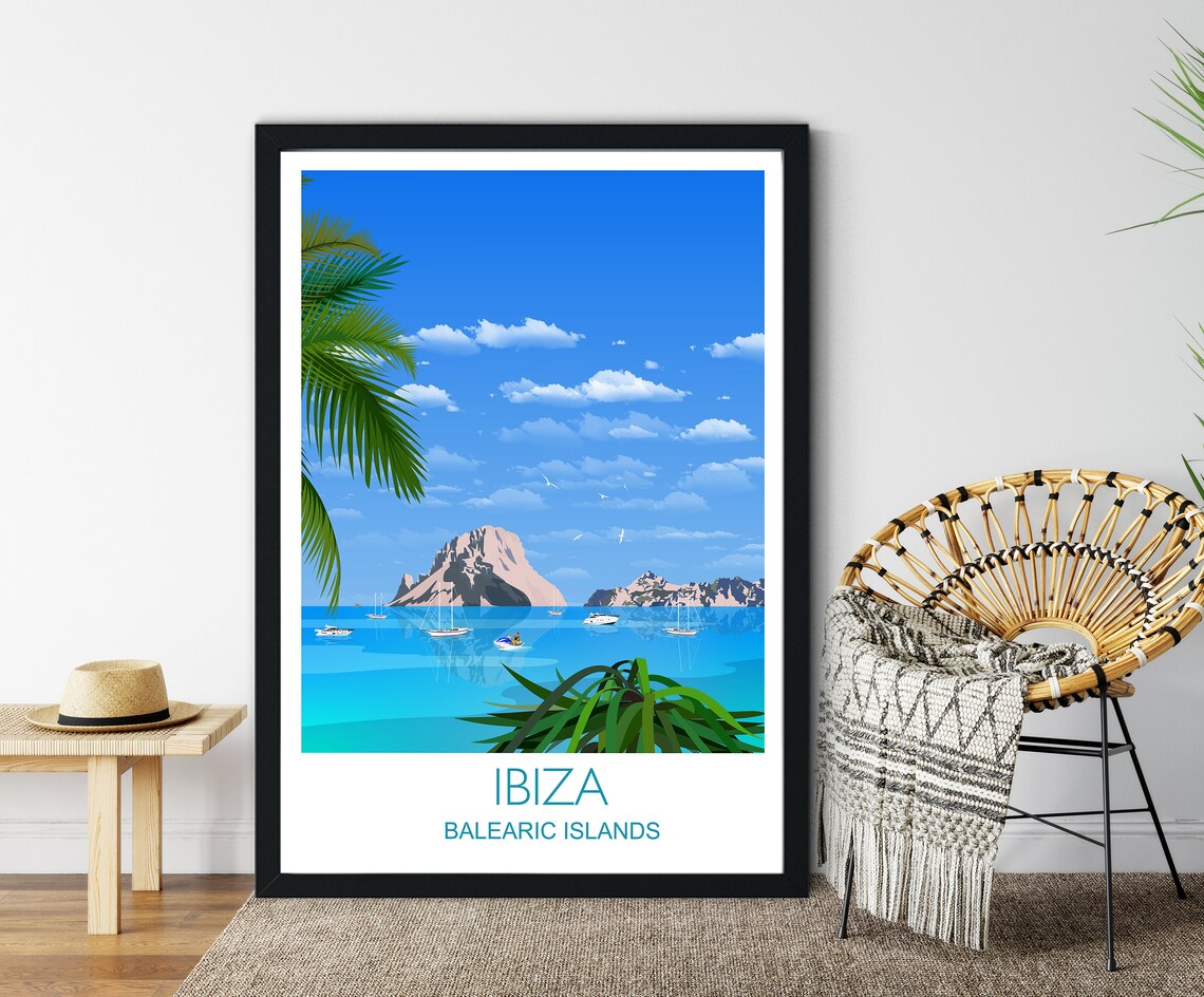 Ibiza Balearic Islands Sea Islet Sailboats Sunny Coast Art Poster