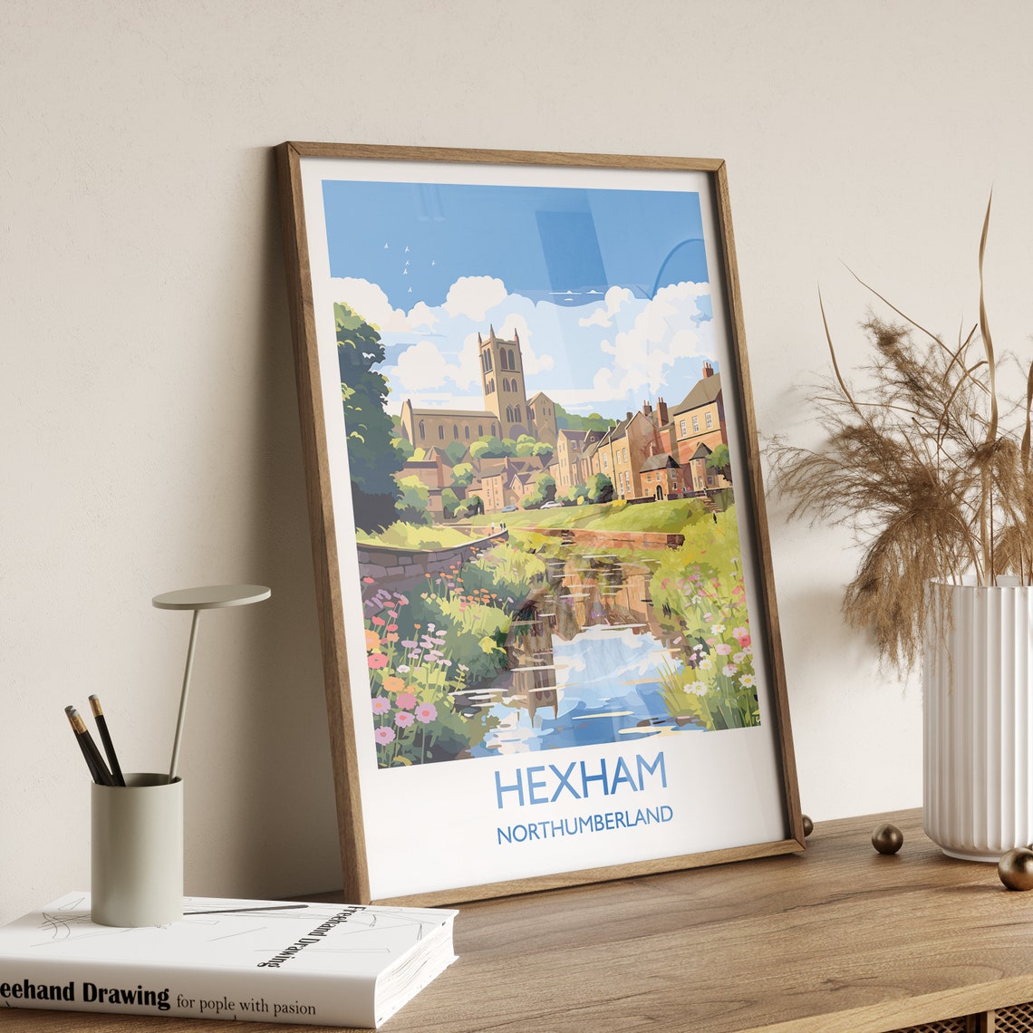 Hexham Northumberland Abbey Riverside Wildflowers Travel Poster - Image 3