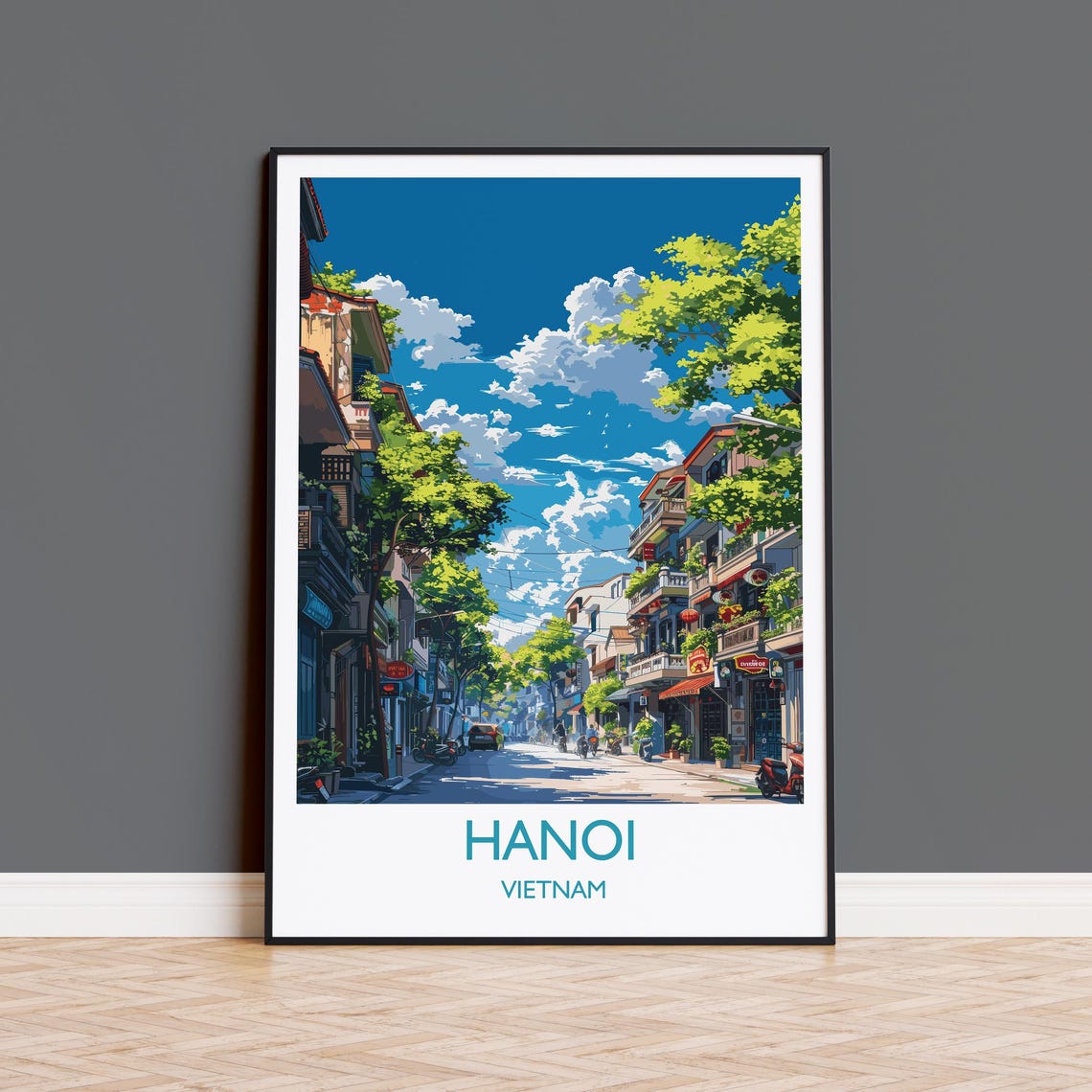Hanoi Vietnam Old Quarter Street Bold Bottom Title Travel Poster