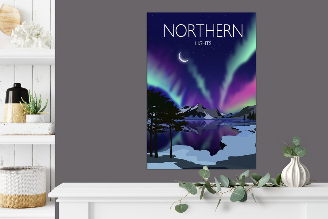 Northern Lights Aurora Lake Reflection Starry Night Art Poster - Image 3