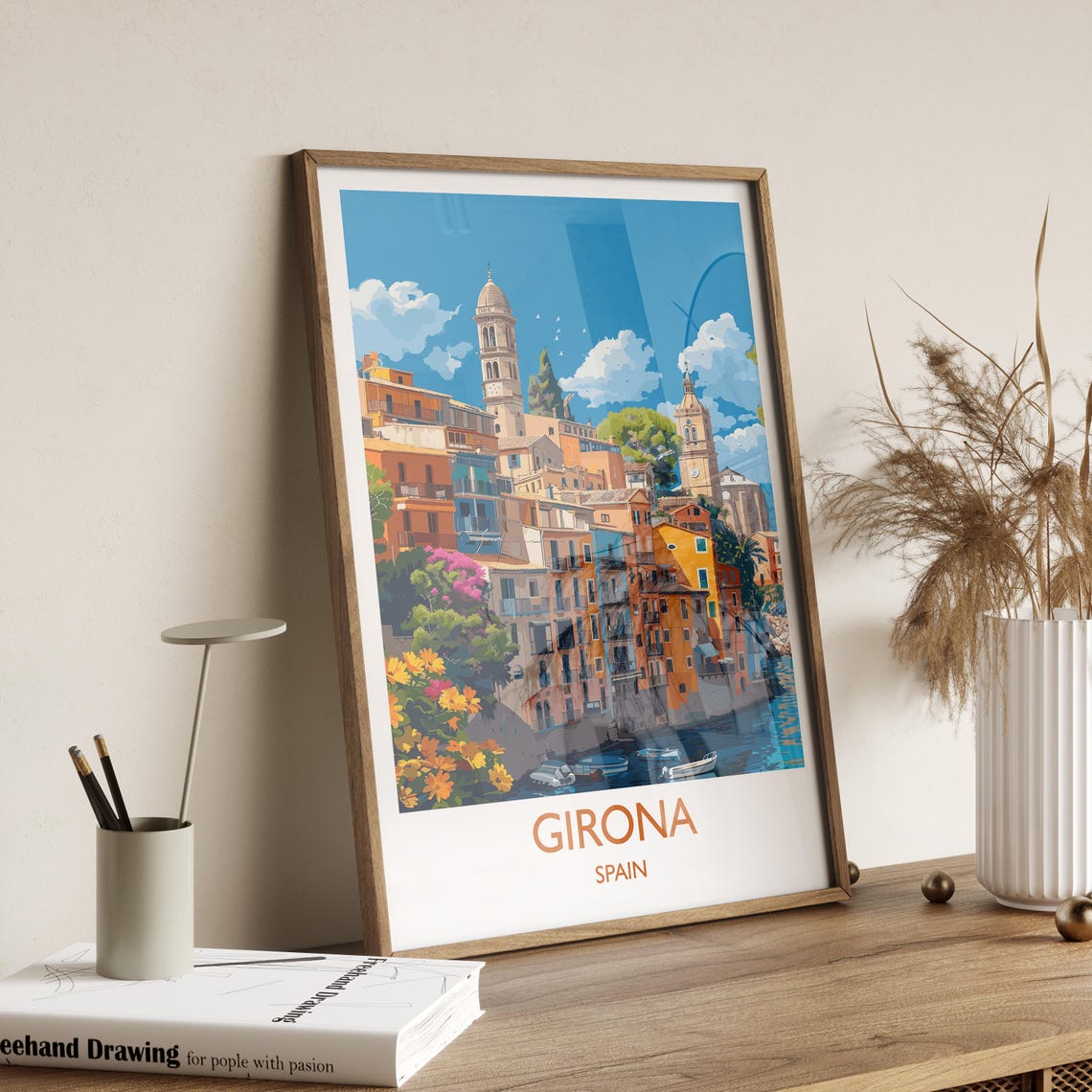Girona Spain Colorful Onyar Riverside Houses Poster With Title Below - Image 2