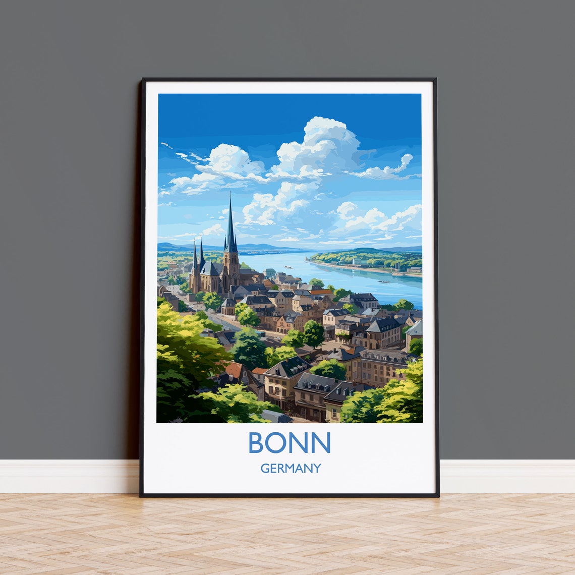 Bonn Germany Hilltop Old Town Riverside Panorama Travel Poster