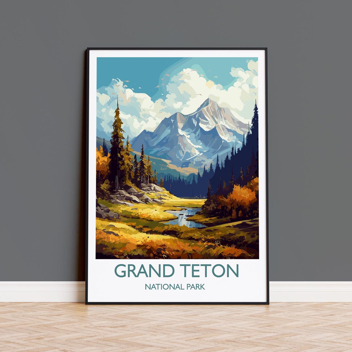 Grand Teton National Park Autumn Peaks Golden Meadow Scenic Poster