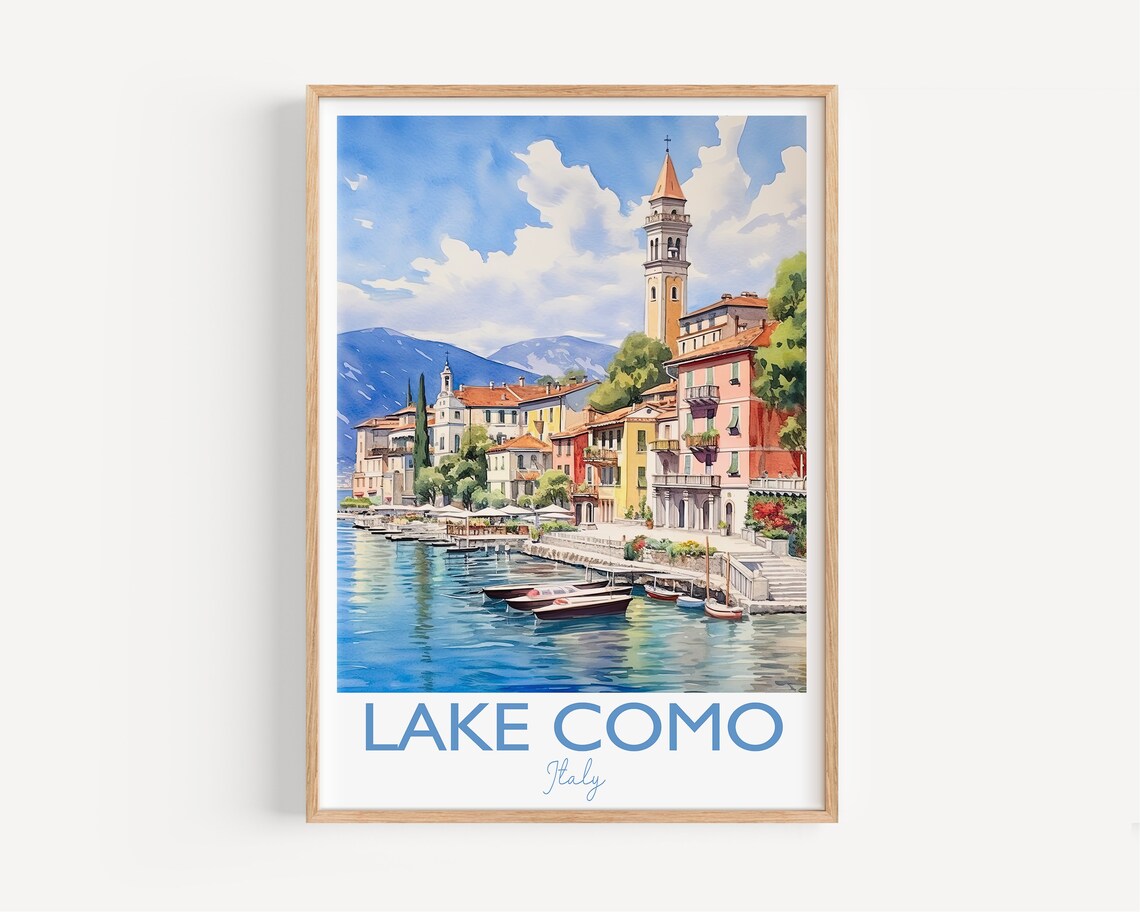 Lake Como Italy Bell Tower Waterfront Boats Watercolor Poster