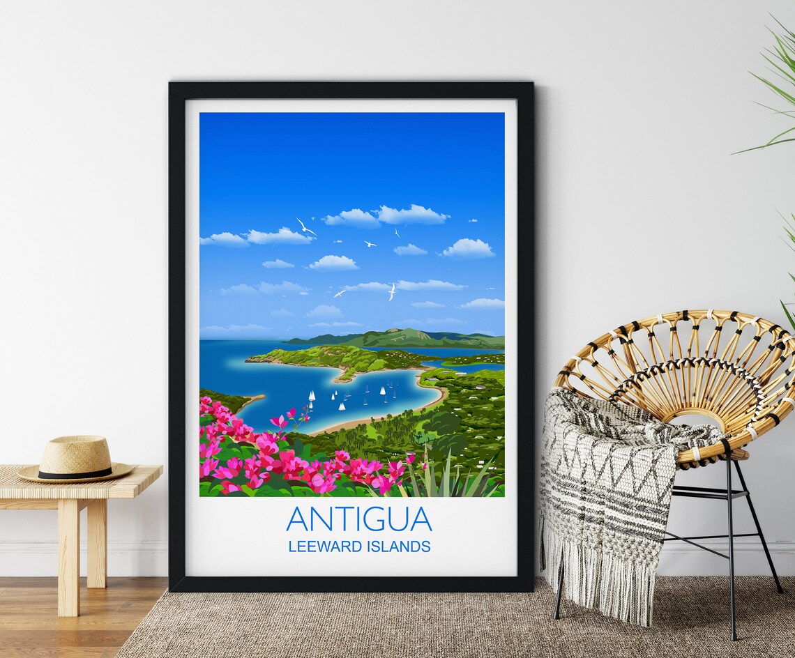 Antigua Leeward Islands Bay Travel Poster Sailboats Bougainvillea