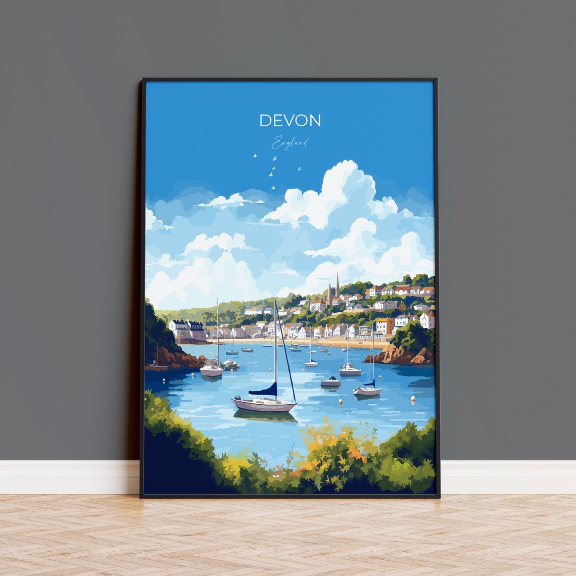 Devon England Sailboat Harbor Hillside Seaside Town Travel Poster