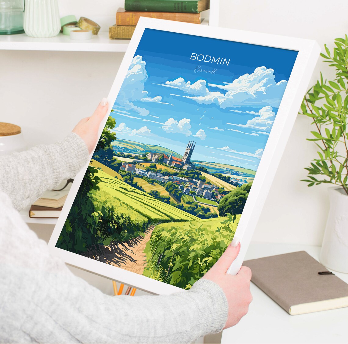 Bodmin Cornwall Village Church Tower Rolling Green Hills Travel Poster - Image 5
