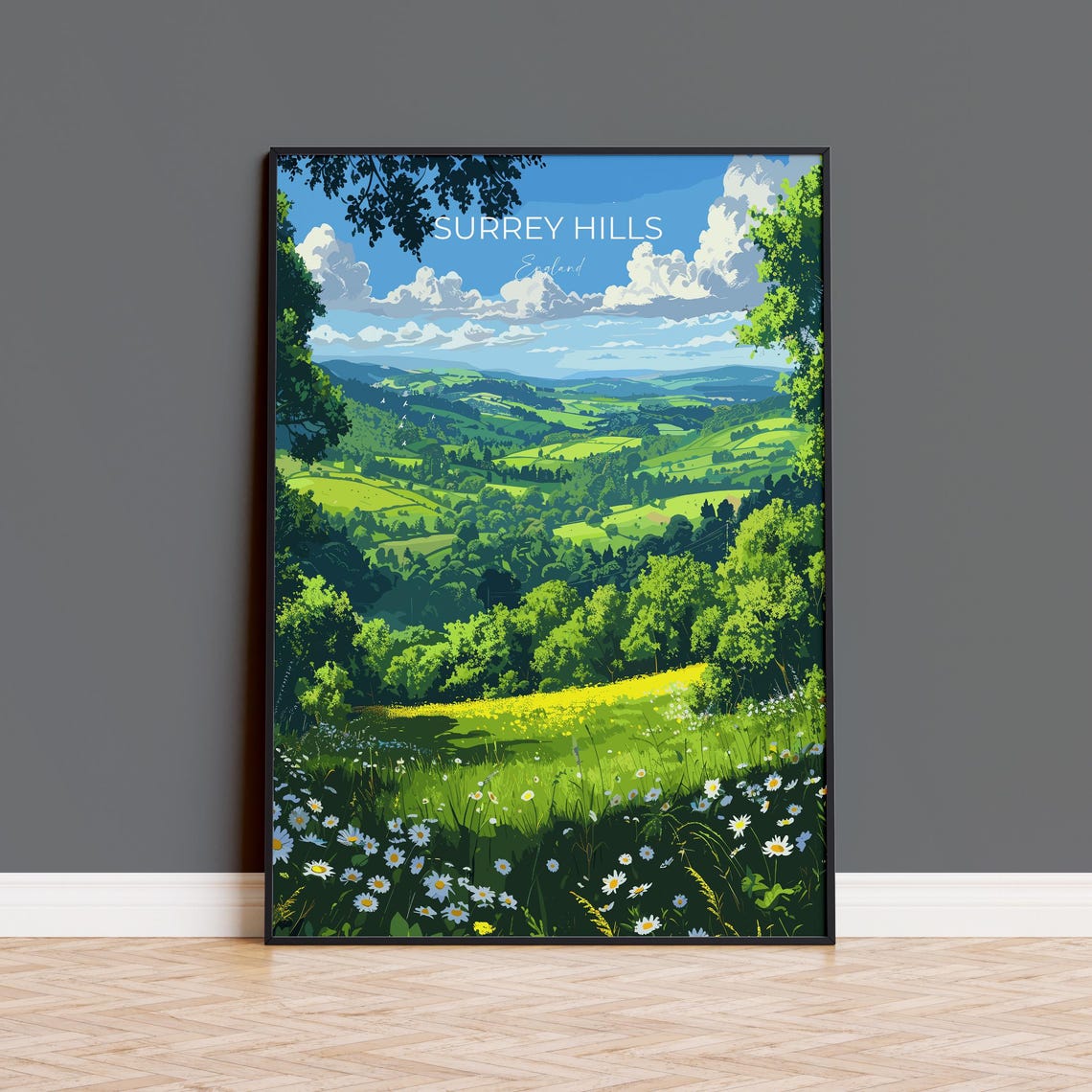 Surrey Hills England Meadow View Top Lettered Travel Art Poster