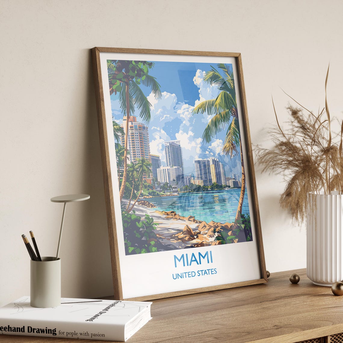 Miami Florida Bay Skyline Palm Trees Waterfront Travel Print - Image 2