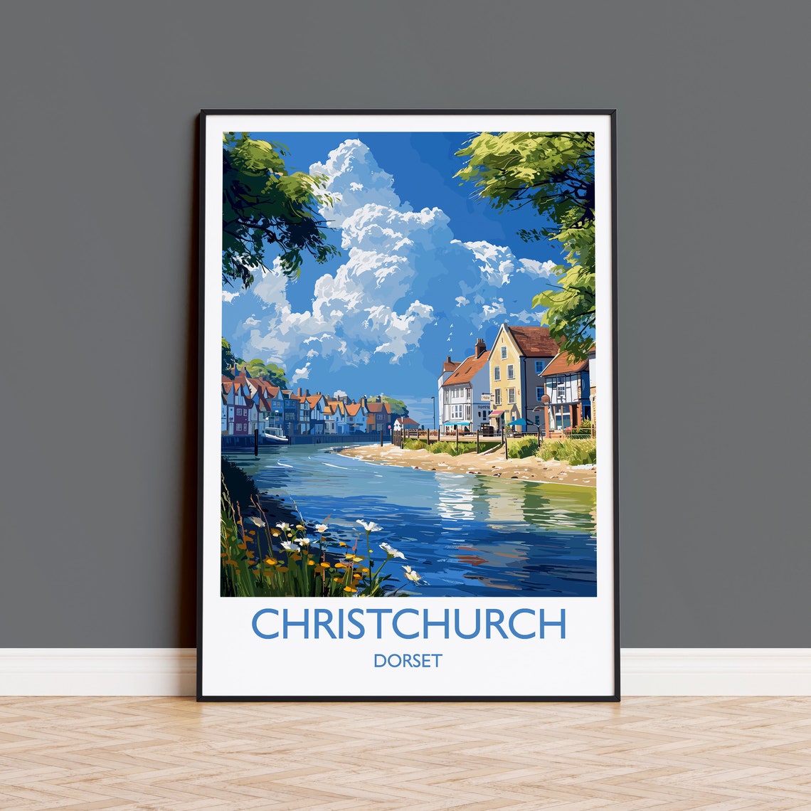 Christchurch Dorset Quayside Riverside Cottages Vintage Travel Poster