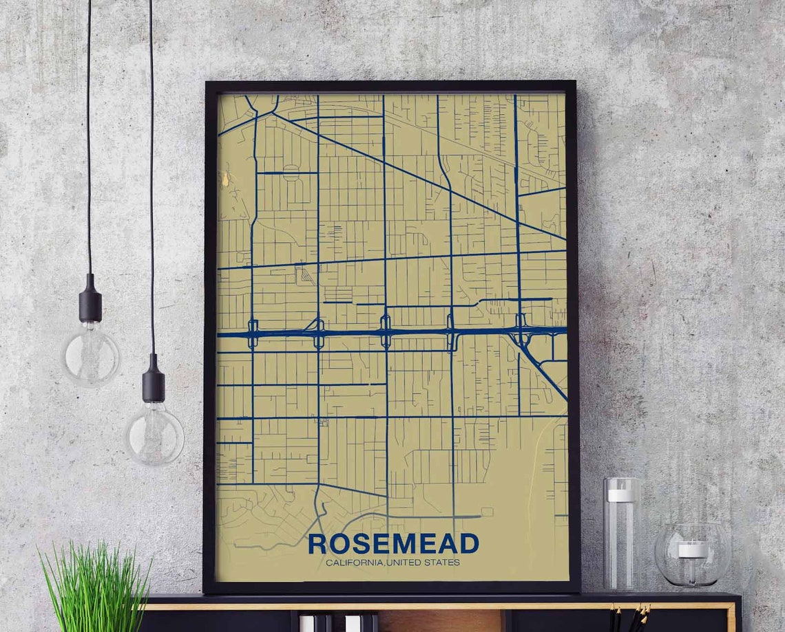 Rosemead California Street Map Gold Navy San Gabriel Art Poster
