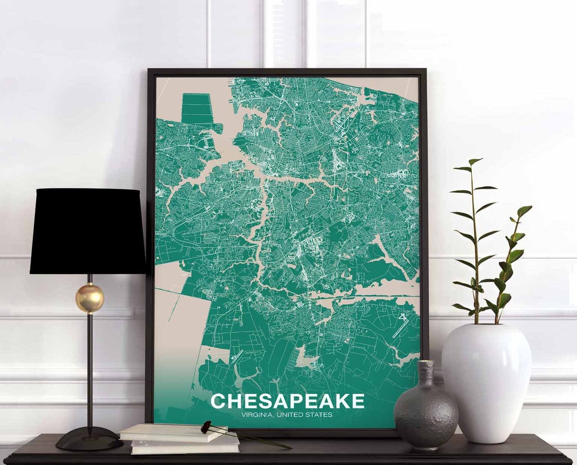 Chesapeake Virginia Teal City Map Coastal Street Grid Travel Poster