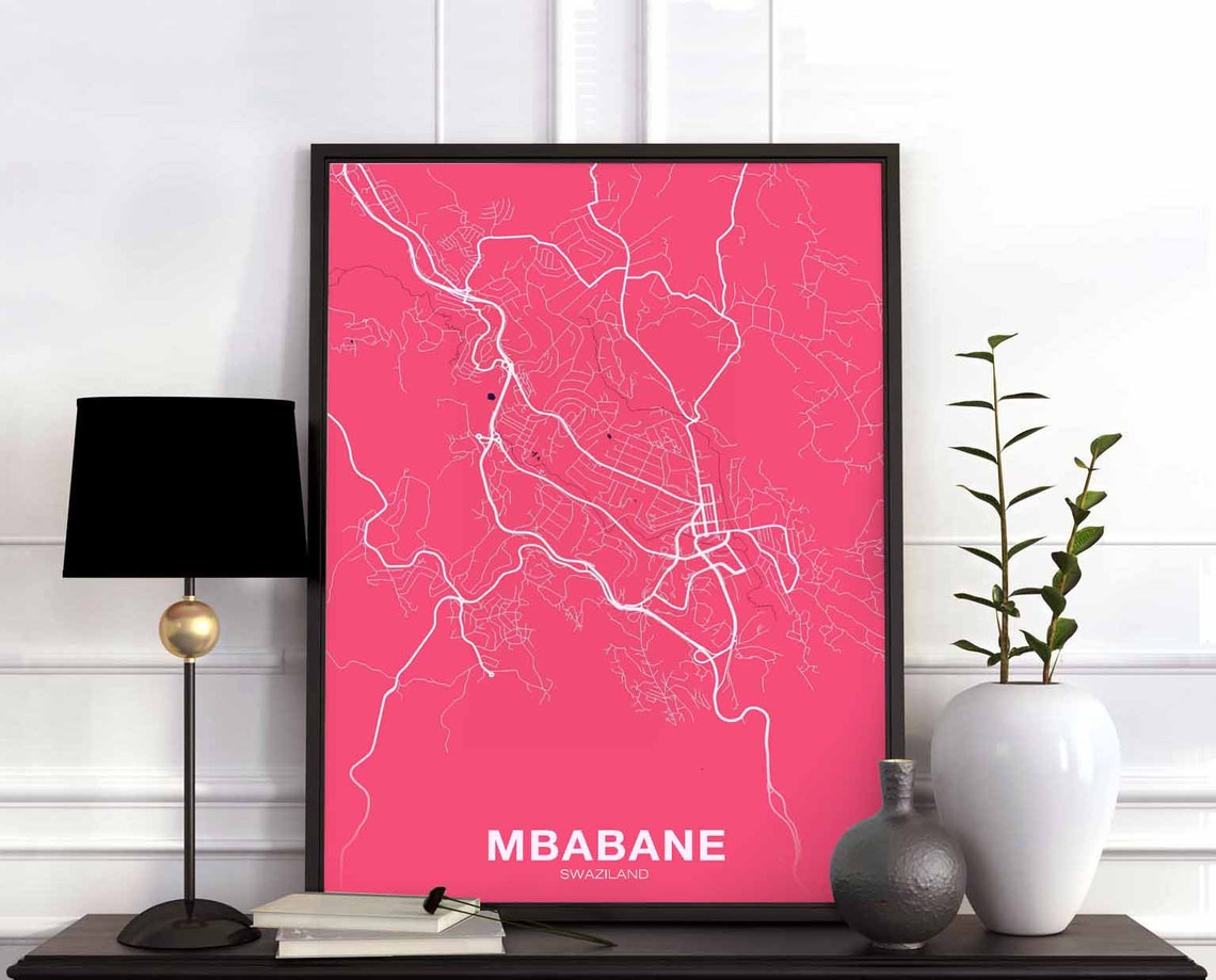 Mbabane Swaziland City Map Poster Vibrant Pink Minimalist Home Decor