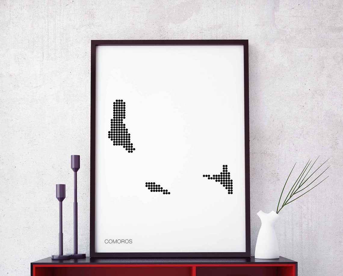 Comoros Dotted Grid Map Black and White Minimalist Wall Poster