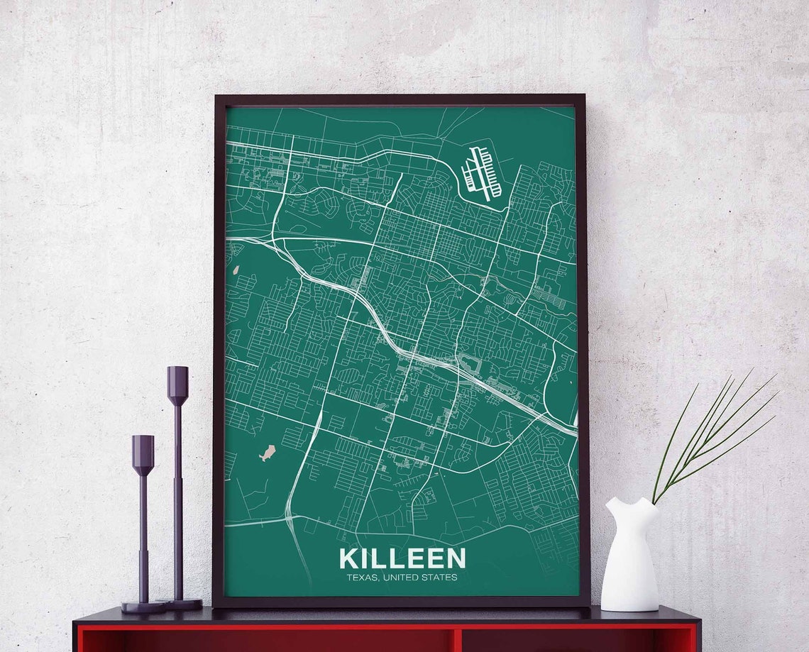 Killeen Texas Street Map Poster Deep Green Modern Hometown Keepsake
