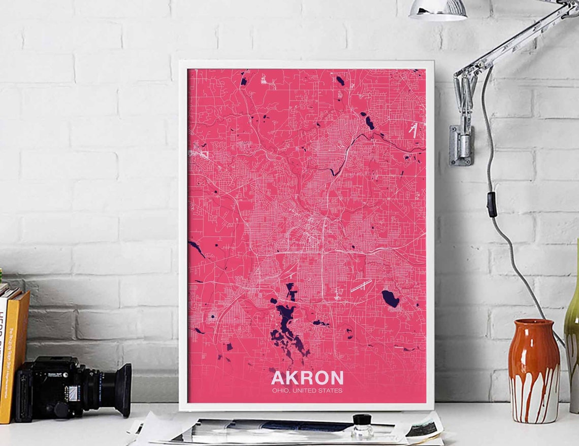 Akron Ohio Coral Red City Street Map Modern Minimalist Poster