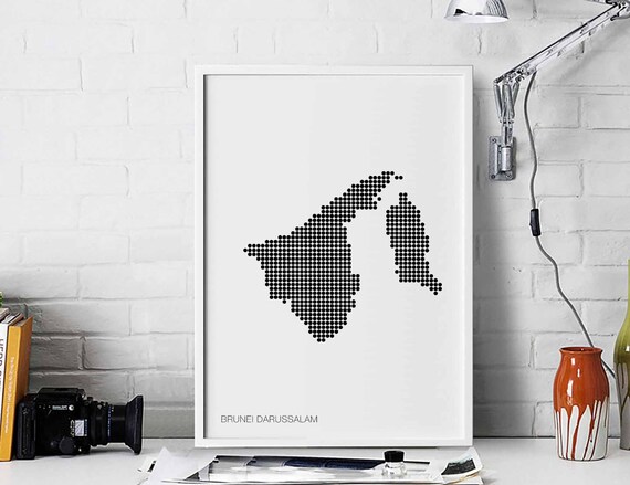Brunei Darussalam Minimal Dots Retro Map Poster Black White Wall Decor Design Modern Swiss Scandinavian Nordic Housewarming Travel