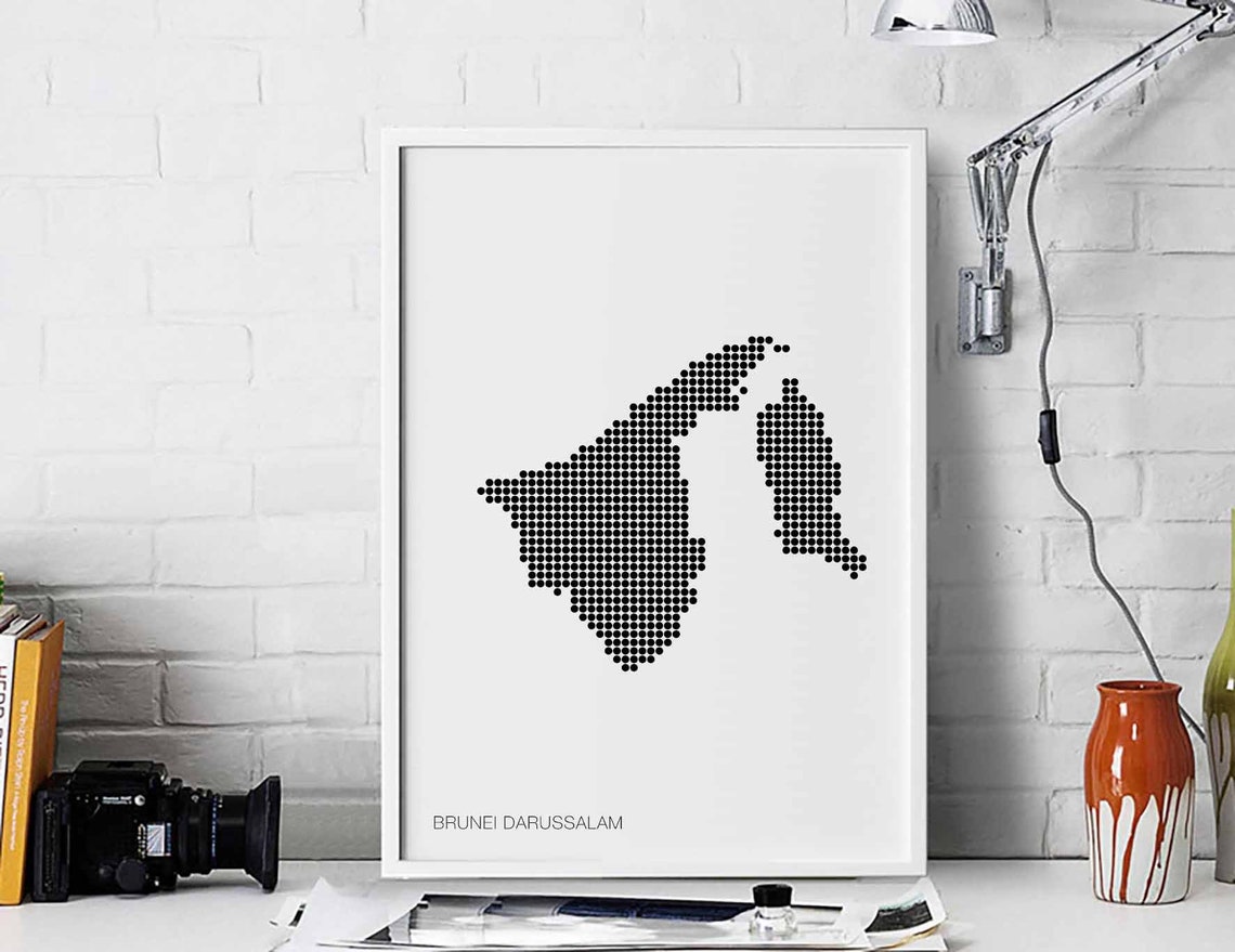 Brunei Darussalam Black Dots Retro Map Minimal Monochrome Decor Poster