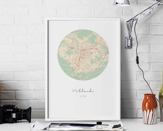 Villach Austria Map Poster Wall Decor Design Modern Minimal Nordic Travel Bedroom Home Art Vintage Retro Dorm Nursery Housewarming