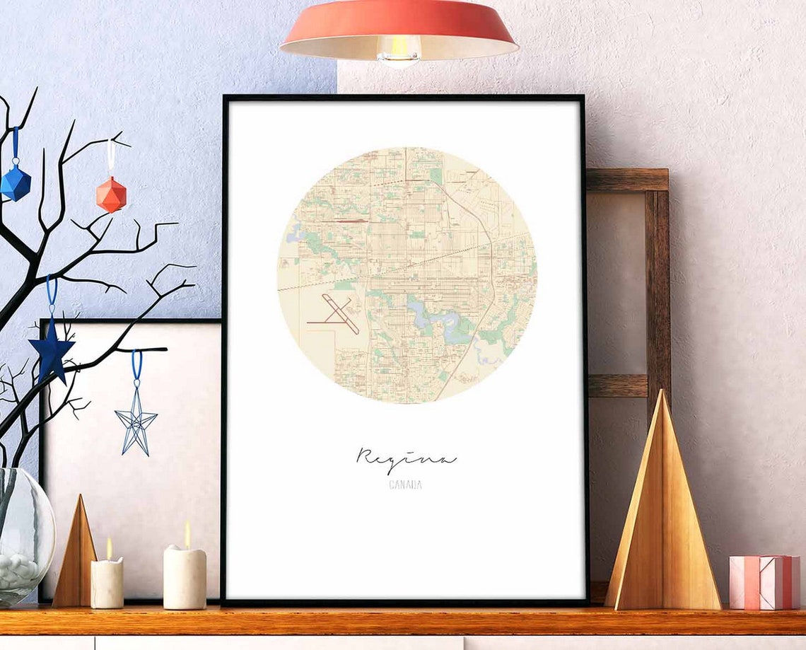 Regina Canada Warm Beige Sage Minimal Circular City Map Art Print