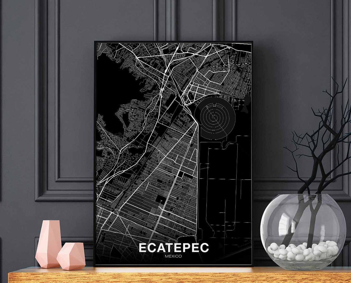 Ecatepec Mexico Black Background City Map White Line Art Print