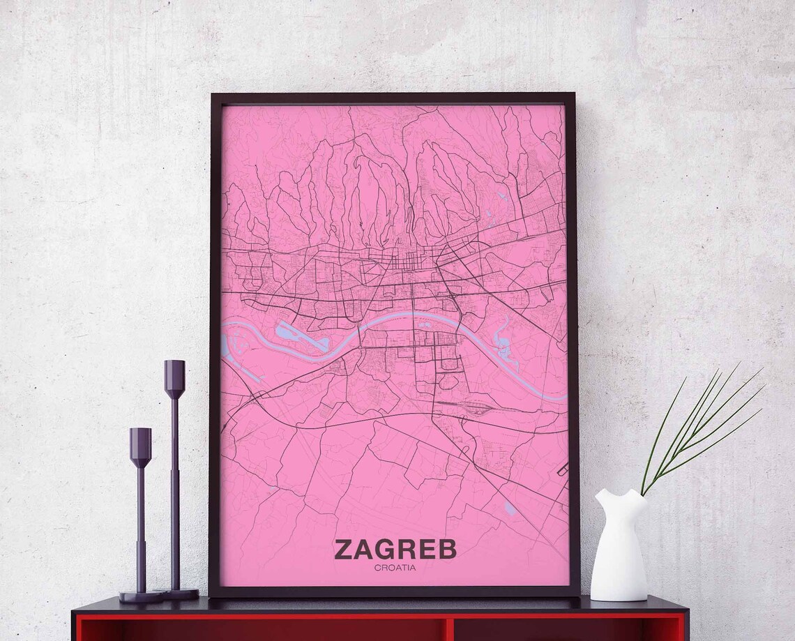 Zagreb Croatia Pink City Street Map Minimalist Home Decor Poster